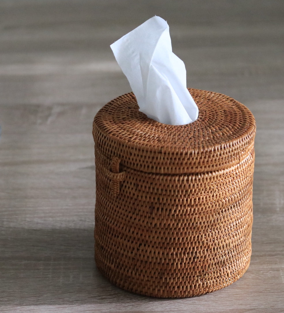 Hand Woven Atta Round Tissue Box ~ Made in Bali ~