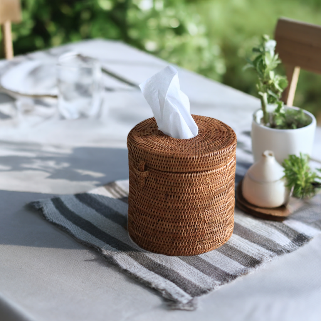 Hand Woven Atta Round Tissue Box ~ Made in Bali ~