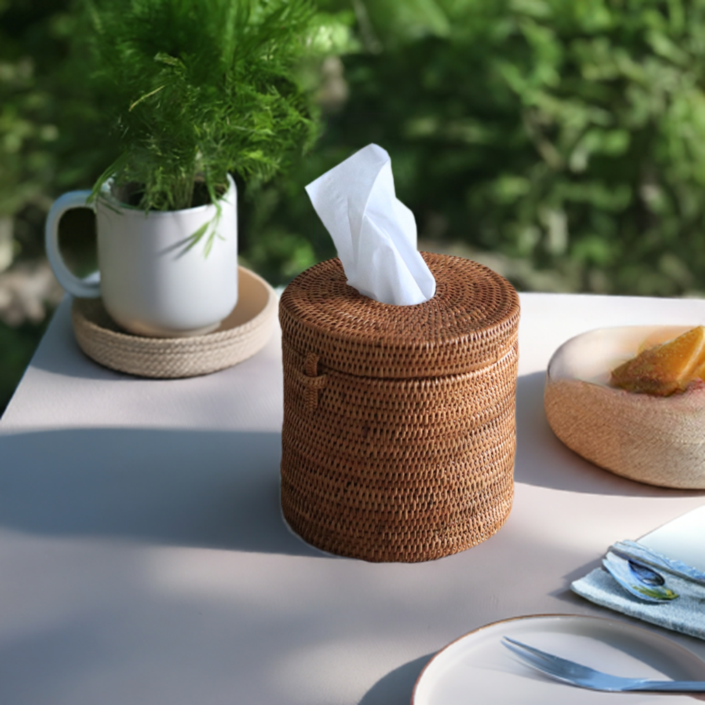 Hand Woven Atta Round Tissue Box ~ Made in Bali ~