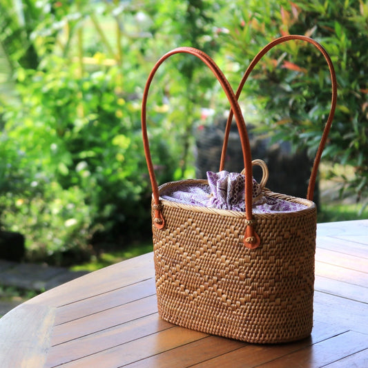 9" Oval Ata Handbag with Intricate Weave Detail & Batik Drawstring – Handwoven in Bali