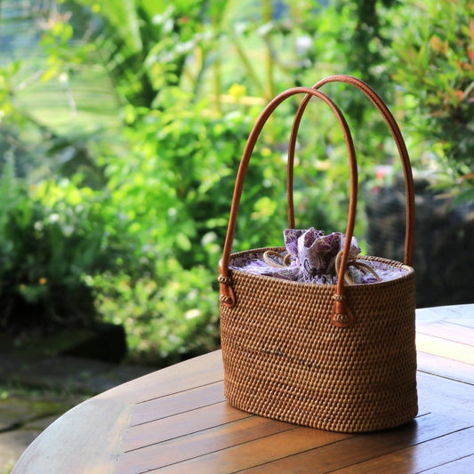8" Oval Ata Handbag with Batik Drawstring – Handwoven in Bali