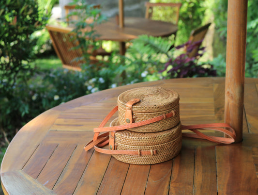 6" Round Ata Crossbody Bag with Side Weave Detail – Handwoven in Bali