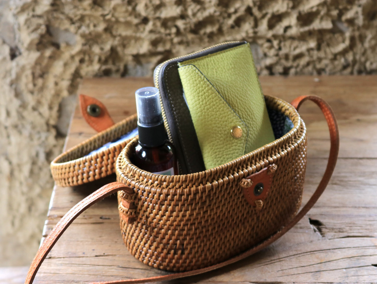Mini Oval Ata Crossbody Bag with Snap Closure – Handwoven in Bali