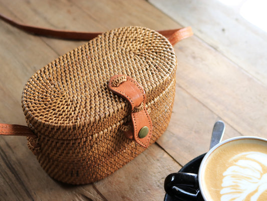 Mini Oval Ata Crossbody Bag with Snap Closure – Handwoven in Bali