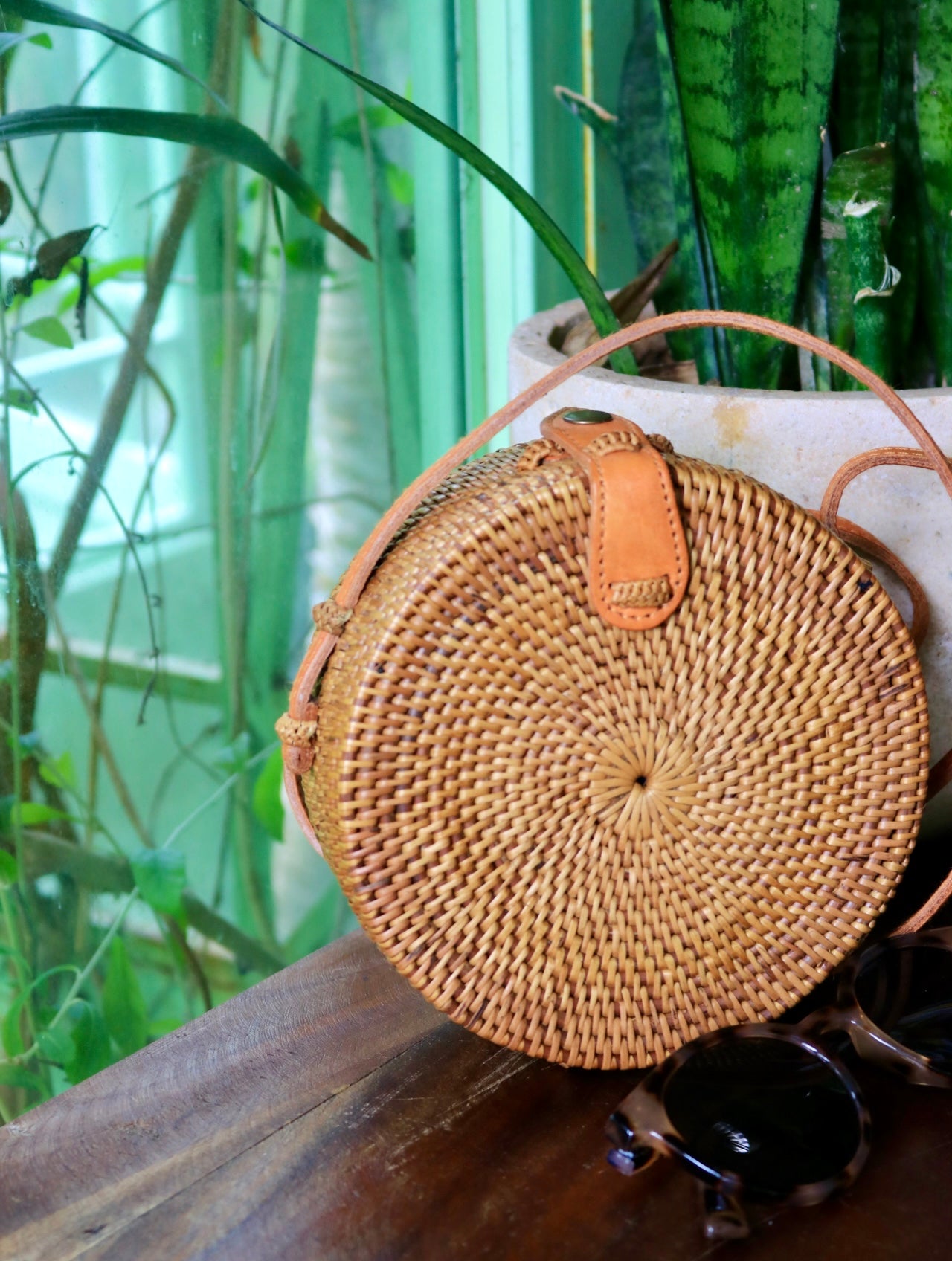 MINI 6" Round Ata Crossbody Bag with Side Weave Detail – Handwoven in Bali