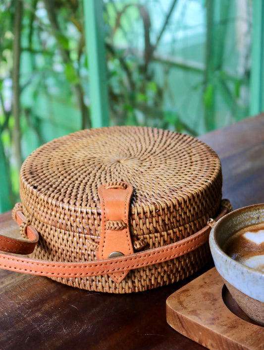 MINI 6" Round Ata Crossbody Bag with Side Weave Detail – Handwoven in Bali